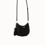 Sac à main Leya noir vue de face, bandoulière et pompon