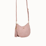Sac à main Leya rose vue de trois-quarts avec la bandoulière