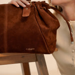Garance camel tote bag handle and drawstring detail