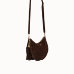 Sac à main Leya chocolat vue de face avec la bandoulière longue