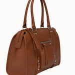 Sac à main Noema camel vue de trois-quarts, poche zippée